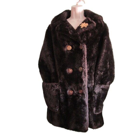 Dark Brown Vintage Faux Fur Coat Gold Crest Buttons Large No Tags Damage - Picture 10 of 16